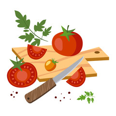 tomatoes on a wooden cutting board with a kitchen knife vector illustration