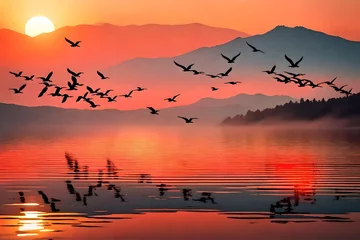 Tuinposter Beautiful nature landscape birds flock flying in a row over lake water red sun on the colorful sky during sunset over the mountains for background © Pretty Panda