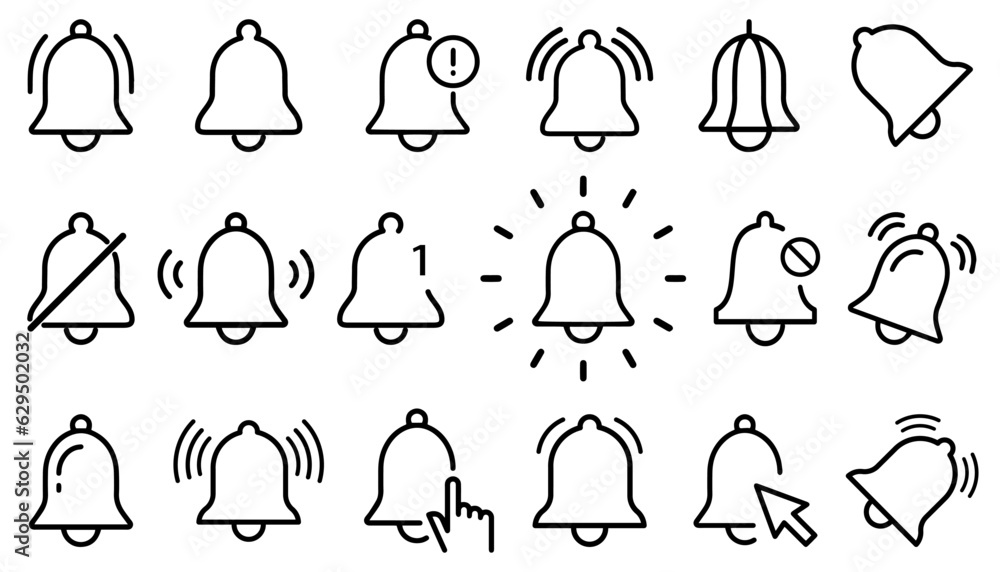 Poster black line notification bell icons collection. set of line bell message