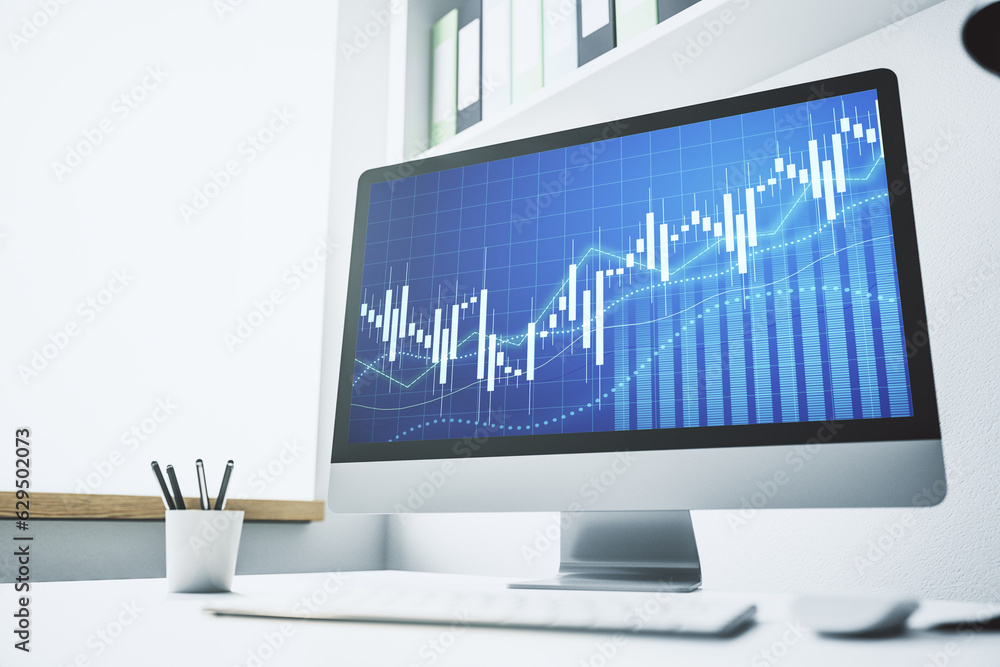 Poster Modern computer screen with abstract financial diagram, banking and accounting concept. 3D Rendering