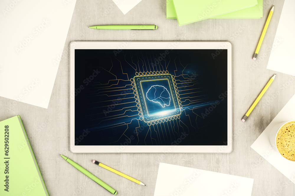 Poster top view of modern digital tablet screen with creative human brain microcircuit. future technology a