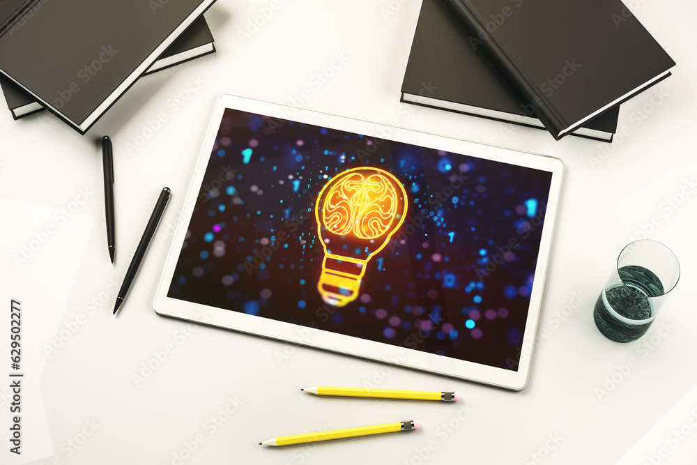 Poster Creative idea concept with light bulb and human brain illustration on modern digital tablet screen. Neural networks and machine learning concept. Top view. 3D Rendering