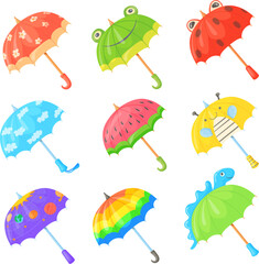 Childrens umbrellas. Cartoon childish umbrella colorful sunshade with flowers or cute animals, fashion parasol for boy girl kid rain weather shelter neat set vector illustration © ssstocker