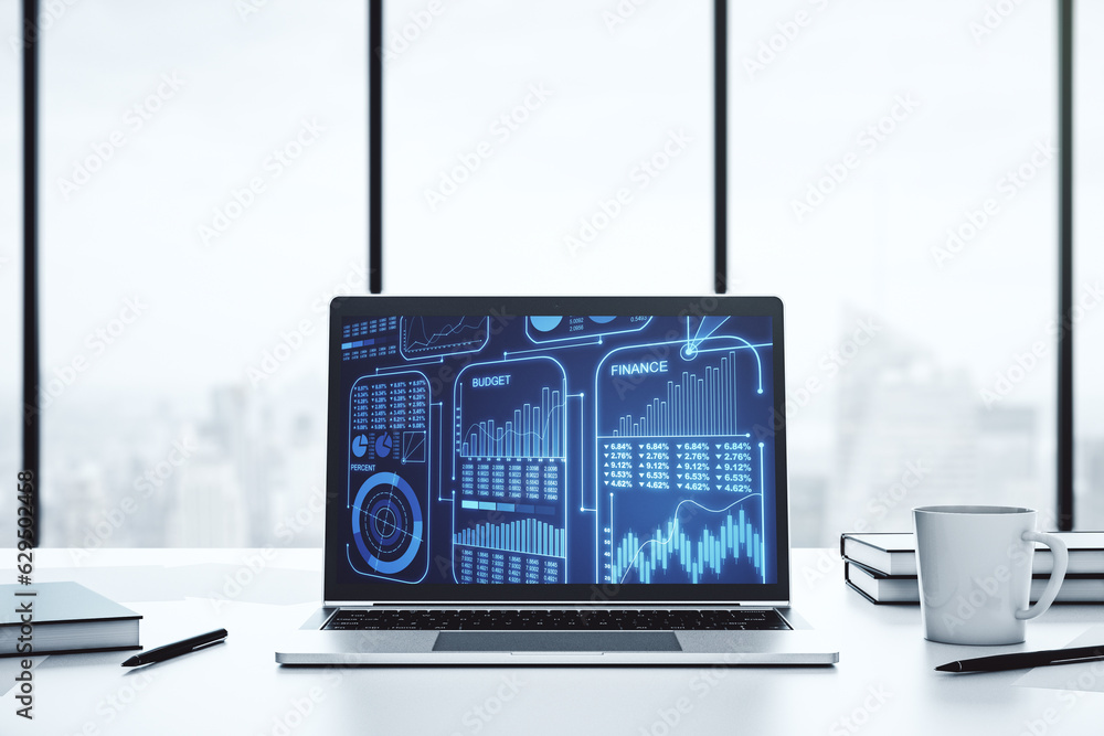 Poster abstract creative stats data concept on modern laptop screen. 3d rendering