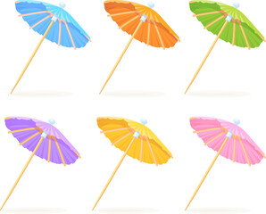 Paper cocktail umbrellas. Small colorful umbrella on toothpick for sweet drinks and summer beverages, decoration parasol in glass beach drink cocktails, neat vector illustration © ssstocker