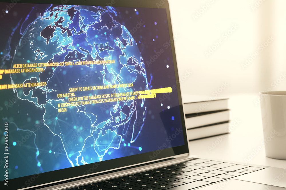 Aufkleber Modern computer display with abstract software development hologram and world map, global research and analytics concept. 3D Rendering