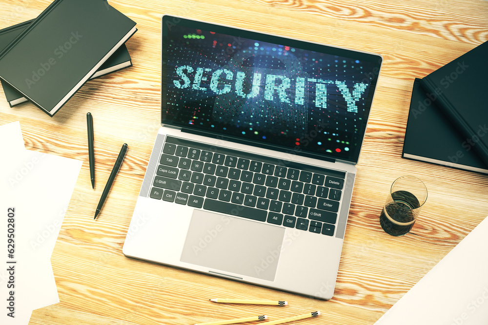 Poster cyber security creative concept on modern laptop monitor. 3d rendering
