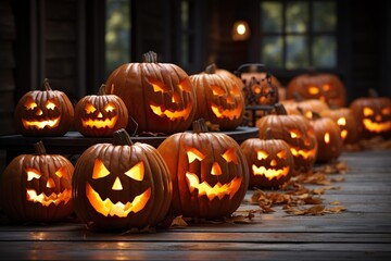 Halloween pumpkins and decorations outside a house ai generated