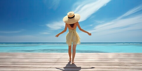 Travel concept. Beautiful woman standing on beach and sea with copy space