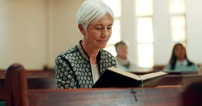 Bible, religion and a senior woman in a church for a sermon on faith or christian belief while sitting in a pew. Prayer, worship or reading with an elderly female person hearing about God and Jesus
