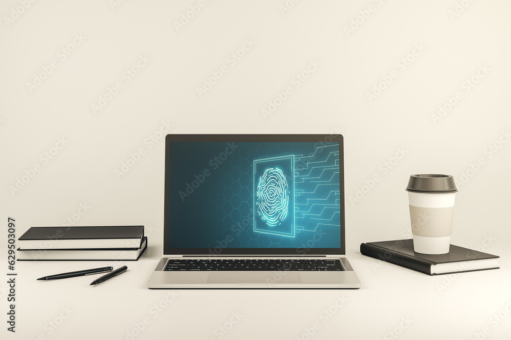 Poster Abstract creative fingerprint hologram on modern computer monitor, protection of personal information concept. 3D Rendering