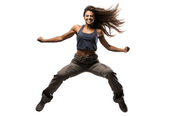 Full-body female dancer leaping with joy on a transparent background. AI
