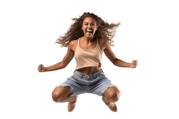 Full-body female dancer leaping with joy on a transparent background. AI