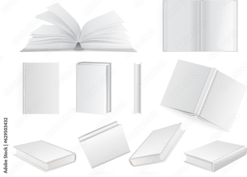 Wall mural Realistic hardcover books. Blank book mockup with empty pages sample, open closed 3d diary or softcover notebooks booklet