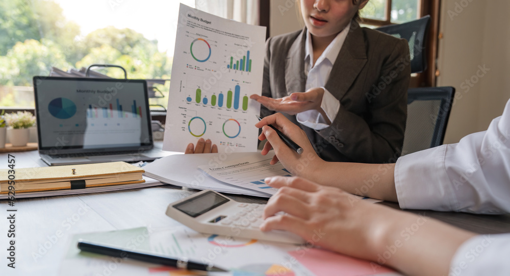 Poster teamwork of business two colleagues analysis with financial data and marketing report graph, young b