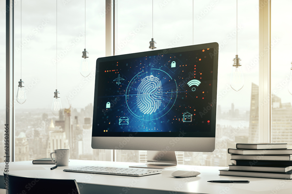 Poster Abstract creative fingerprint hologram on modern computer monitor, protection of personal information concept. 3D Rendering
