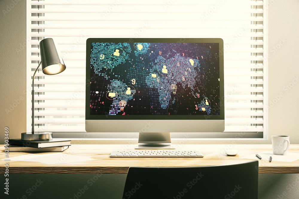 Poster Modern computer screen with social network icons concept and world map. Networking concept. 3D Rendering