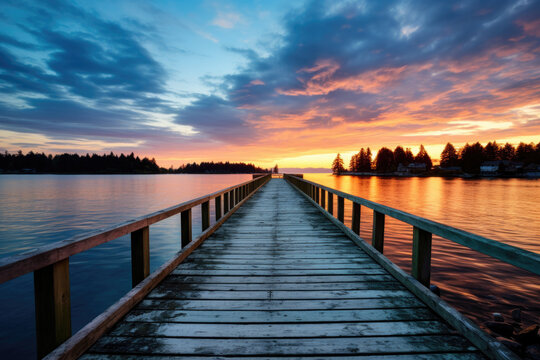 A wooden pier at sunset. The pier is made of wooden planks and has a railing on both sides. It extends into the water and the horizon is visible in the background