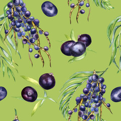 Bunch acai berries and palm leaves watercolor seamless pattern isolated on green. Exotic amazon purple berries, tropical fruit hand drawn. Design element for wrapping, textile, background, paper