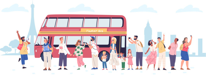 Tourist group bus. Travel tourists crowd with guide excursion at london transportation tour, foreigner tourism landmark sightseeing holiday travelling, classy vector illustration