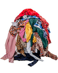 Pile of used clothes on a light background. Second hand for recycling - 629504069