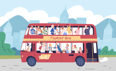 Tourists on bus excursion. Travel tourist group transfer, foreigner london trip or family sightseeing summer travelling city tour speaker landmark guide, classy vector illustration