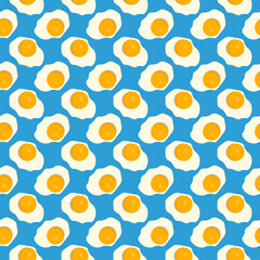 Seamless pattern of painted fried eggs on a blue background