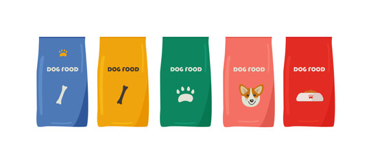 A set of dry dog ​​food in packages.
Blue, yellow, green, pink, red.
Snacks and treats, for pets, in packages.
The concept of a pet store, goods for animals. Vector illustration eps 10.