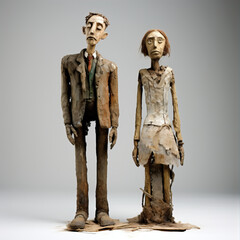 Two small wooden strange figures. Modern sculpture. Generative AI