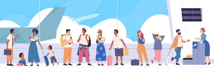 Airport queue. People tourists with luggage wait in line terminal airport or departure area, plane passenger on ticket checking gate flight registration, classy vector illustration