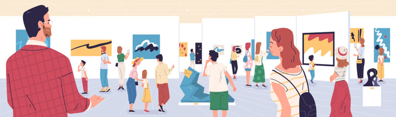 People at art gallery. Public exhibitions visitors group looking paintings and expositive exhibits inside museum or hermitage interior, cultural tourism classy vector illustration - obrazy, fototapety, plakaty