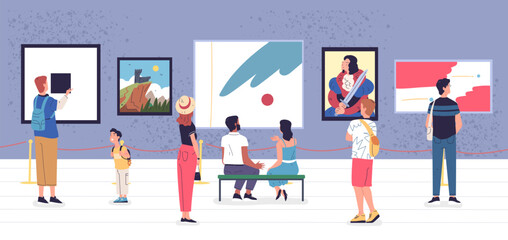 People enjoying paintings. Art gallery visitors group looking contemporary painting show, visitor sitting contemplating abstract artwork on museum wall, classy vector illustration
