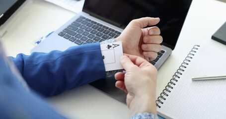 Businessman pulling ace of baptism from his jacket sleeve 4k movie. Business strategies concept