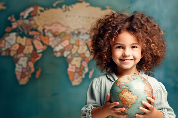 Cute little girl holding a globe. Learning, school, knowledge concept, with copy space. AI generative, illustration