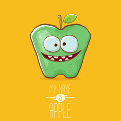 very funny cartoon cute green apple character isolated on orange background. My name is apple vector concept. vector super funky fruit summer food character
