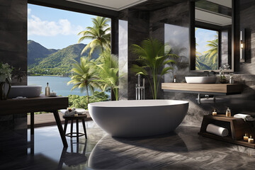 Stylish bathtub on wooden floor terrace in modern room of luxury house with sea view. generative ai