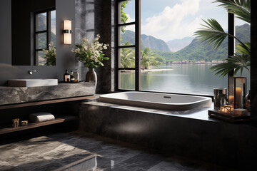 Obraz na płótnie Canvas Modern bathtub on wooden floor of luxury hotel villa with ocean view, generative ai