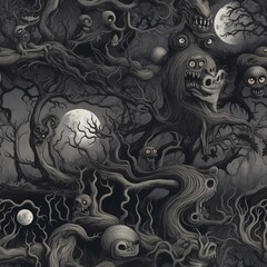 Seamless pattern with monsters and moon in dark forest 