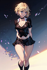 Illustration of a cute blushing girl with blonde short hair, colorful glowing eyes, black crop top, mini skirt. blurred background.