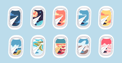 Airplane window views. View from aircraft porthole, bali landscape sunset beach mountain or planet creative scene in plane windows for travelers holiday, classy vector illustration