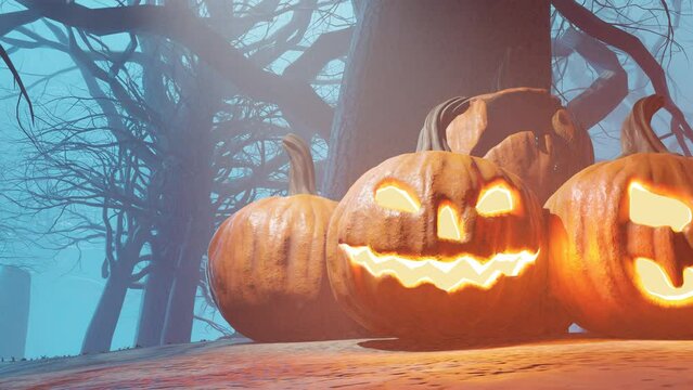 Halloween background. Spooky pumpkins with moonlight and dark forest. 