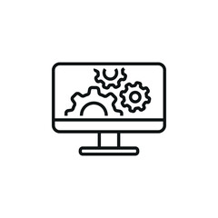 Monitor with wheel icon vector illustration. Gear on isolated background. Cogwheel sign concept.