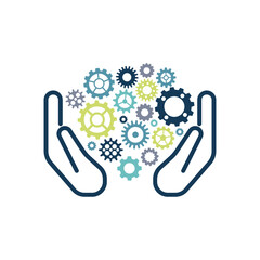 Gear icon vector illustration. Hands with cogwheel on isolated background. Creative sign concept.