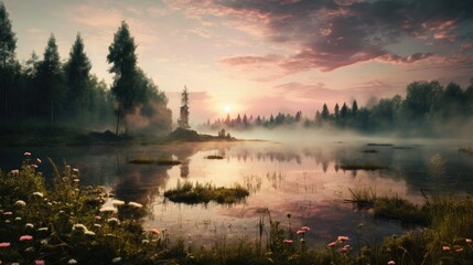 Fototapeta na wymiar Beautiful summer morning dreamy Forest creek in warm sunlight natural panoramic countryside landscape Pastoral scenery. Selective focusing on foreground. Fog in the pond on a sunny morning.