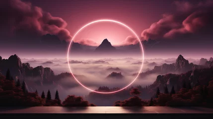 Tuinposter 3d render of fantasy landscape with foggy mountains and neon circle © Dream Studio