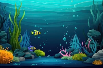 Naklejka na ściany i meble Cartoon illustration of beauty and life underwater, with blue waters, swaying algae and adorable creatures.