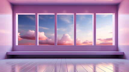 3d render of pink room with windows and clouds on the sky
