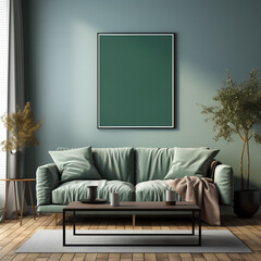 interior with green sofa, 3d render, mock up poster