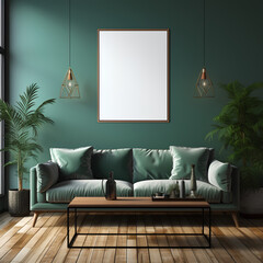 interior with green sofa, 3d render, mock up poster