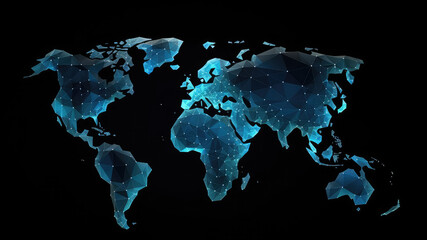 Fototapeta na wymiar 3d World map network connection glowing polygonal triangle neon lines on dark black background. World connection futuristic concept, website landing page template design. Generative AI